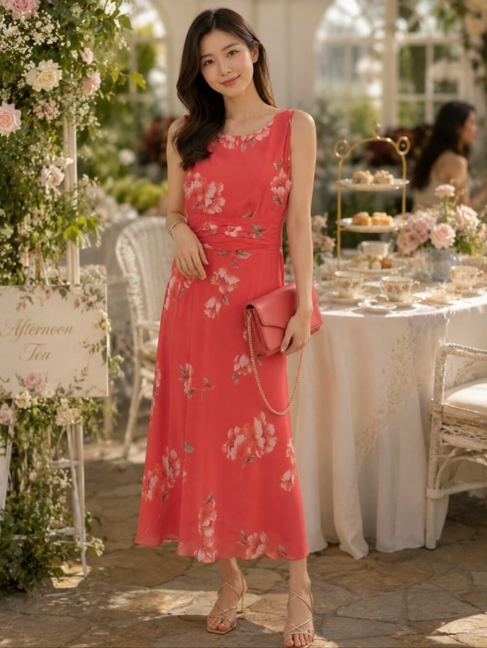 Jessica Howard Coral Red Floral Maxi Dress